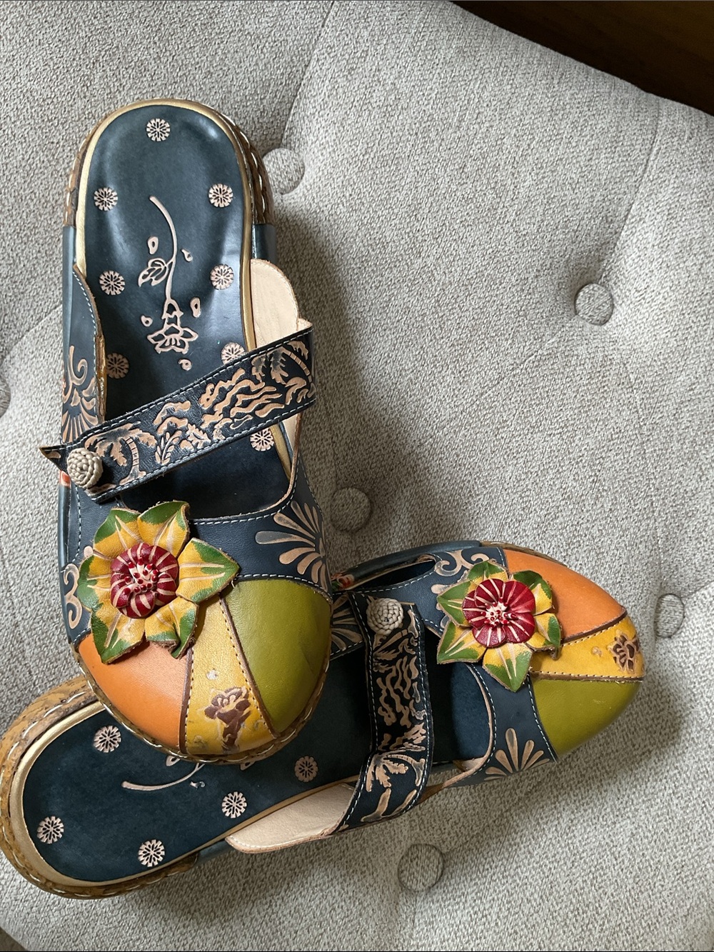 Socofy Artisan Multicolor Leather Floral Clogs - Women's Slip-On Sandals 8 - Picture 5 of 7